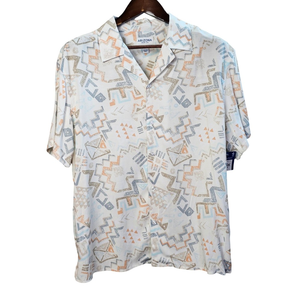 Arizona Jean Co Young Men Short Sleeve Button Down‎ Shirt Cream Tribal Med New